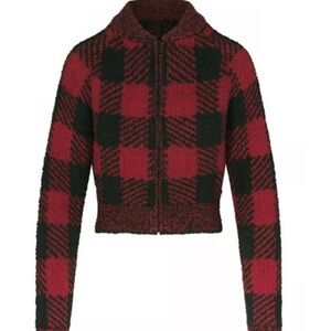 NWT SKIMS Buffalo Plaid Cropped Teddy Zip Up Sweater S/M